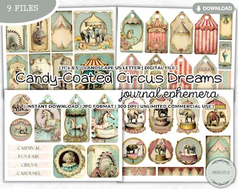 Candy Coated Circus Dreams Junk Journal Ephemera, Tag, Label, Sticker, Washi Tapes, Fun Fair, Pastel, Carousel, Horse, Elephant, Printable