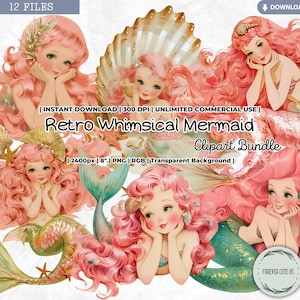 Retro Wunderliche Meerjungfrau Clipart Bundle, Ozean, Unterwasser, Muschel, Vintage, Png, Scrapbooking, Junk Journal Papier Handwerk
