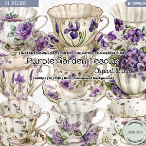Puede incluir: Un conjunto de 21 imágenes digitales de clipart de tazas de té de jardín púrpura con diseños florales. Las tazas de té tienen 20 cm de tamaño y tienen un fondo transparente.
