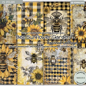 Bee Sunflower Garden Journal Collage Sheet, Vintage, Spring, Summer, Honey, Beehive, Honeycomb, Insect, Retro, Printable Junk Journal Paper
