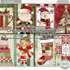 以下が含まれることがあります： パッチワークスタイルの16枚のクリスマスをテーマにしたデジタルコラージュ。画像には、サンタクロース、雪だるま、クリスマスツリー、ホットチョコレートのカップ、プレゼントの山、靴下、雪の結晶が含まれています。画像には「Christmas Patchwork #3 Journal Collage」というテキストが含まれています。