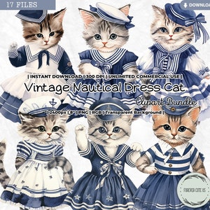 Pode incluir: Um pacote digital de clipart com 17 ilustrações de gatos vintage com vestidos náuticos. Os gatos usam vestidos de marinheiro listrados em azul e branco com chapéus de marinheiro. O fundo é transparente.