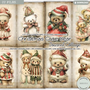 Kit de colagem de diário de lixo de urso fofo de Natal, animais, floresta, papéis para impressão, páginas, scrapbooking, criação de cartões, itens efêmeros, digital