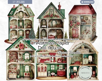 Christmas Paper Doll House Clipart Bundle, Furniture, Dollhouse, Printable, Collectible, Accessory, Digital, Scrapbook Journal Paper Crafts
