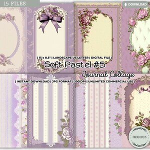 Feuille de collage de journal indésirable pastel doux, papiers de journal shabby chic, romantique, vintage, rétro, beige, violet, fleurs vertes, roses, imprimable