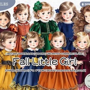 Herbst kleines Mädchen Clipart, Aquarell Vintage Thanksgiving Samt Kleid, PNG Digital Download Kartenherstellung Scrapbook Junk Journal Papierhandwerk