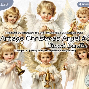Vintage Weihnachtsengel Clipart Bundle, Junge, Mädchen, Jingle Bell, Ornament, Gold, Viktorianisch, Feiertage, Winter, PNG, Junk Journal Papiermodelle