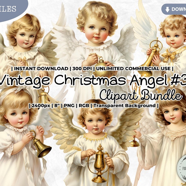 Vintage Christmas Angel Clipart Bundle, Boy, Girl, Jingle Bell, Ornament, Gold, Victorian, Holidays, Winter, PNG, Junk Journal Paper Crafts