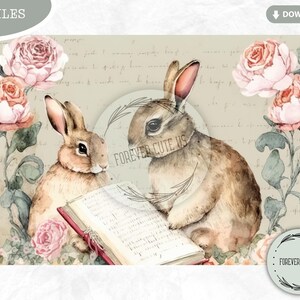 Bookworm Bunny Junk Journal Collage Sheets Bundle, Rabbit, Pastel ...