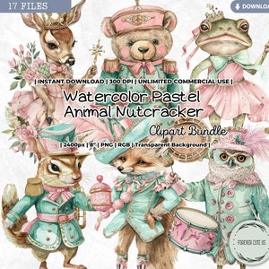 Watercolor Pastel Animal Nutcracker Clipart, Christmas, Winter, Holidays, Soldier, Rabbit, Fox, Bear, Tiger, Lion,Wildlife, Safari, Woodland