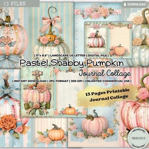 Pastel Shabby Pumpkin Journal collageblad, afdrukbaar papier, pagina's, scrapbooking, kaarten maken, kortstondig, digitaal, herfst, herfst, munt, roze