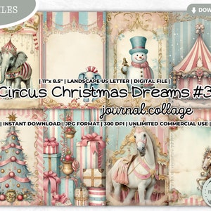 Circus Christmas Dreams Junk Journal Collage Sheet, Pastel, Horse, Elephant, Tent, Lion, Tree, Gifts, Snowman, Vintage, Digital Paper