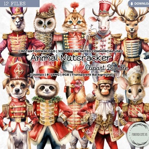 Conjunto de clipart de quebra-nozes de animais, Natal, inverno, feriados, soldado, gato, cachorro, coruja, vaca, rato, galinha, veado, fazenda, vida selvagem, safári, animal de estimação