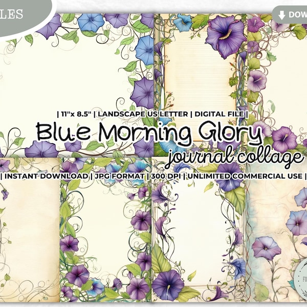 Blue Morning Glory Junk Journal Collage Sheet, Purple, Lilac, Summer Spring Floral, Shabby Chic, Scrapbooking, Digital Paper, Kit, Printable