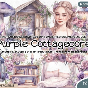 Purple Cottagecore Clipart, Bookworm Reading Clipart, Garden, Butterfly, Library, Book Png, Watercolor Cottage png, Purple Mushroom, Cat