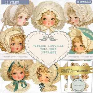 Vintage Victorian Doll Head Clipart, Baby Girl, Bonnet, Lace, Retro, Little Girl, Spring, Easter, Antique, Cute, Fashion Paper Doll, PNG