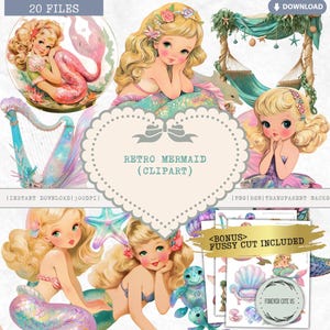 Retro Mermaid Clipart, Vintage Mermaid, Whimsical Mermaid Girl, Ocean, Under The Sea, Underwater, Seashell, PNG, Scrapbook, Junk Journal