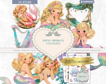 Retro Mermaid Clipart PNG Bundle – Vintage Pastel Mermaid Girls, Cute Ocean Fantasy Watercolor, Beach Junk Journal Digital Download