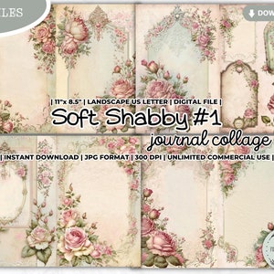 Folha de colagem de diário Soft Shabby Junk, rosa, papel, feminino, sonhador, romântico, vintage, florais, rosas, pastel, para impressão, download digital,