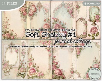 Soft Shabby Chic Junk Journal Collage Sheet, Pink Roses (Digital Download)