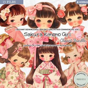 Pacote de clipart de menina de quimono Sakura, garota japonesa retrô, kawaii, asiática, festival de verão, flor de cerejeira, matsuri, yukata, moda, diário PNG
