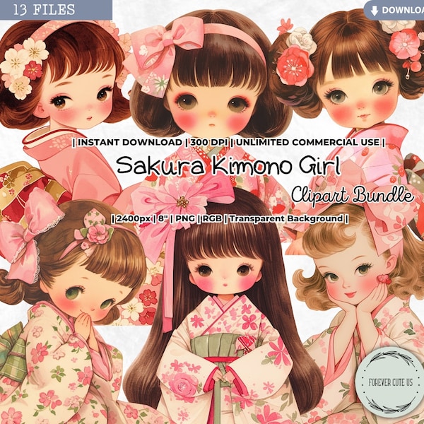 Sakura Kimono Girl Clipart Bundle, Retro Japan Girl, Kawaii, Asian, Summer Festival, Cherry Blossom, Matsuri, Yukata, Fashion, PNG Journal