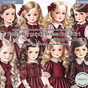 Retro Burgunder Kleid süßes Mädchen Clipart Set, Herbst, Thanksgiving, Winter, Weihnachten, Mode, Puppe, Digital Printable, PNG, Scrapbook