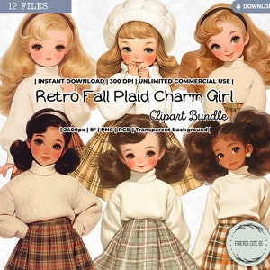 Retro Herbst karierten Charme Mädchen Clipart, Aquarell, Vintage, Thanksgiving, Retro, Schulmädchen, Uniform, Preppy, PNG Scrapbook Junk Journal