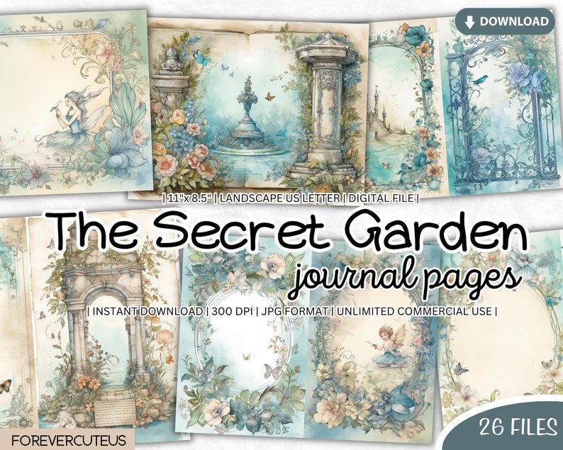 The Secret Garden Journal Pages Bundle, Printable Shabby Chic, Shabby Chic Digital Paper, Shabby Chic Junk Journal, Junk Journal Papers image 1