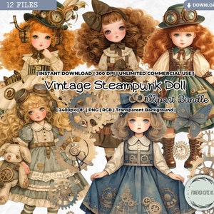 Clipart bambola Steampunk vintage, bambina retrò, bambola di carta, moda, vittoriana, digitale, stampabile, PNG, scrapbooking, diario di cianfrusaglie