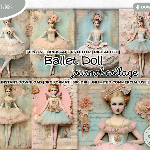 Ballet Doll Junk Journal Collage Sheets, Ballerina, Girl, Dance, Vintage, Tutu Dress, Rococo, Shabby, Pastel, Digital Page Papers Crafts