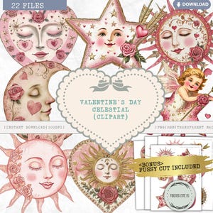 Clipart céleste Saint-Valentin, rose, roses, fleurs, shabby chic, coeur, amour, lune, étoile, soleil, croissant de lune, vintage, Cupidon, argentine, PNG