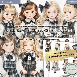 Ensemble de cliparts pour fille de Noël à carreaux noir Buffalo, mignon, Kawaii, automne, automne, action de grâces, hiver, coupe soignée, mode, ferme, Dolly, PNG