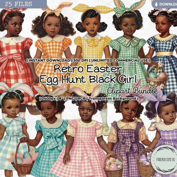 Retro Easter Egg Hunt Black Girl Clipart Set, Vintage, Plaid Dress, Gingham, Pastel, Afro, PNG, Paper Doll, Scrapbooking, Junk Journal Craft