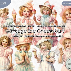 Vintage Ice cream Girl Clipart Bundle, Birthday, Party, Summer, Paper Doll, Fashion, Victorian Era, Digital, Printable, PNG, Junk Journal