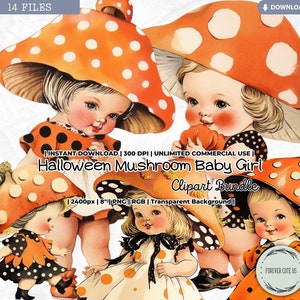 Ensemble de cliparts bébé fille champignons d'Halloween, automne, champignon vénéneux, petite fille, citrouille, poupée, imprimable, PNG Scrapbooking, Junk Journal Craft