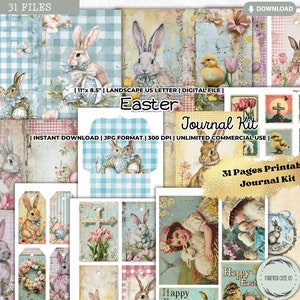 Kit diario di Pasqua Junk, foglio di collage, carta stampabile, coniglietto, uovo, etichetta, effimera, timbro, busta, scrapbooking, diario digitale
