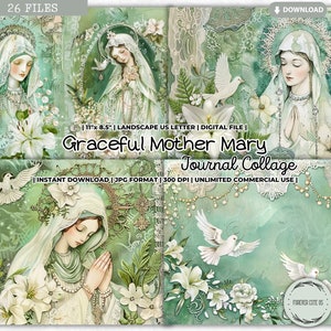 Graceful Mother Mary Junk Journal Collage Sheet, Catholic, Peace, Prayer, Gratitude, Religious, Virgin, Shabby, Printable Digital Paper Page