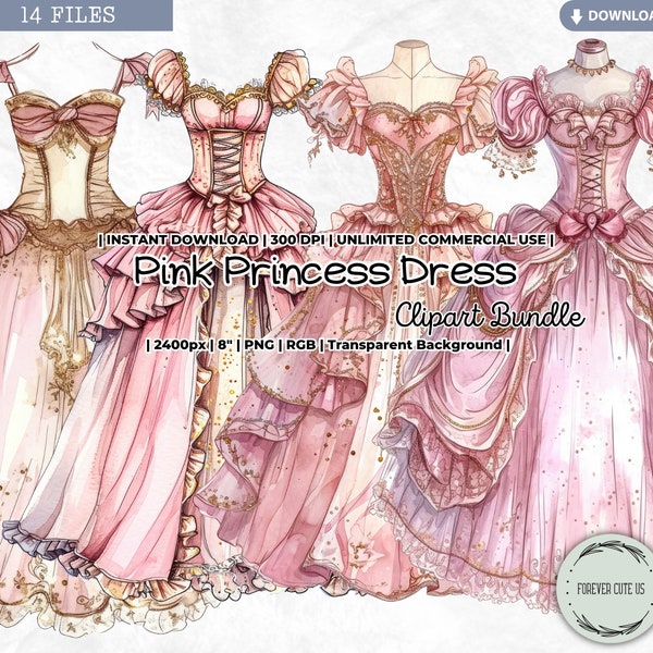 Pink Princess Dress Clipart, Gown, Fairytale, Ball, Prom, Dreamy, Shabby, Fashion, Digital, Printable, PNG, Scrapbook Junk Journal Craft