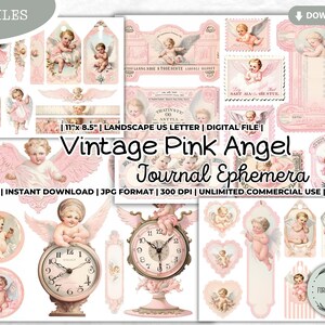 Diario basura vintage con ángel rosa, efímera, recortes, sellos, etiquetas, pegatinas, tarjetas, marcapáginas, pósteres, estilo victoriano, bebé, suministros, kit