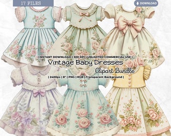 Vintage Baby Dresses Clipart Bundle, Junk Journal Ephemera, Digital Paper Doll Dress, Baby Girl Journal, Doll Dress, Fashion, Shabby, PNG