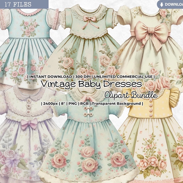 Vintage Baby Dresses Clipart Bundle, Junk Journal Ephemera, Digital Paper Doll Dress, Baby Girl Journal, Doll Dress, Fashion, Shabby, PNG