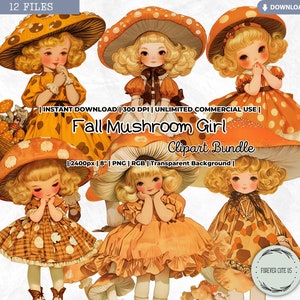 Clipart fille champignon automne, rétro, vintage, automne, Thanksgiving, champignon vénéneux, petite fille, poupée, imprimable, PNG Scrapbooking Junk Journal Craft