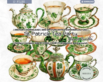 St Patrick Tea Party Clipart, St Patrick's Day, St Paddy, Irish, Teacup, Teapot, Vintage, Victorian, Antique, PNG, Scrapbook Junk Journal
