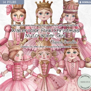 Clipart de menina quebra-nozes de Natal rosa aquarela, Pinkmas, inverno, feriados, vintage, retrô, balé, bailarina, soldado de brinquedo, boneca de papel