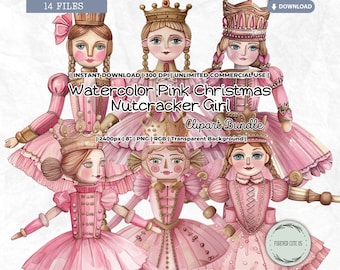 Watercolor Pink Christmas Nutcracker Girl Clipart, Pinkmas, Winter, Holidays, Vintage, Retro, Ballet, Ballerina Toy Soldier, Paper Doll