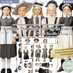 Vintage Thanksgiving Pilgrim Kids Clipart Set, Paper Doll, Little Boy, Little Girl, Tradition, Fall, Autumn, PNG, Fussy Cut, FOREVERCUTEUS