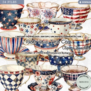 Pacchetto di clipart di tazze da tè patriottiche, tazze da tè vintage, 4 luglio, USA, ora del tè, festa del tè con acquerello, PNG, album di ritagli, diario spazzatura, materiale effimero