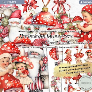 Ensemble de cliparts champignons de Noël, père Noël, gnome, petite fille, champignon vénéneux rouge, petite fille, coupe difficile, imprimable, PNG Scrapbooking, Junk Journal Craft