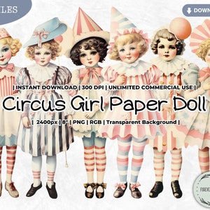 Circus Girl Paper Doll Clipart Bundle, Porcelain Doll, Fashion, Paper Doll, Antique, Digital, PNG, Scrapbook Junk Journal Paper Crafts